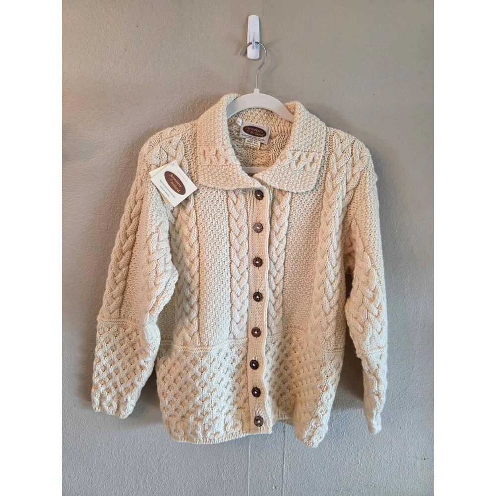 NWT Sweaters of Ireland Traditional Cable Merino Wool Cardigan SZ Small Cream